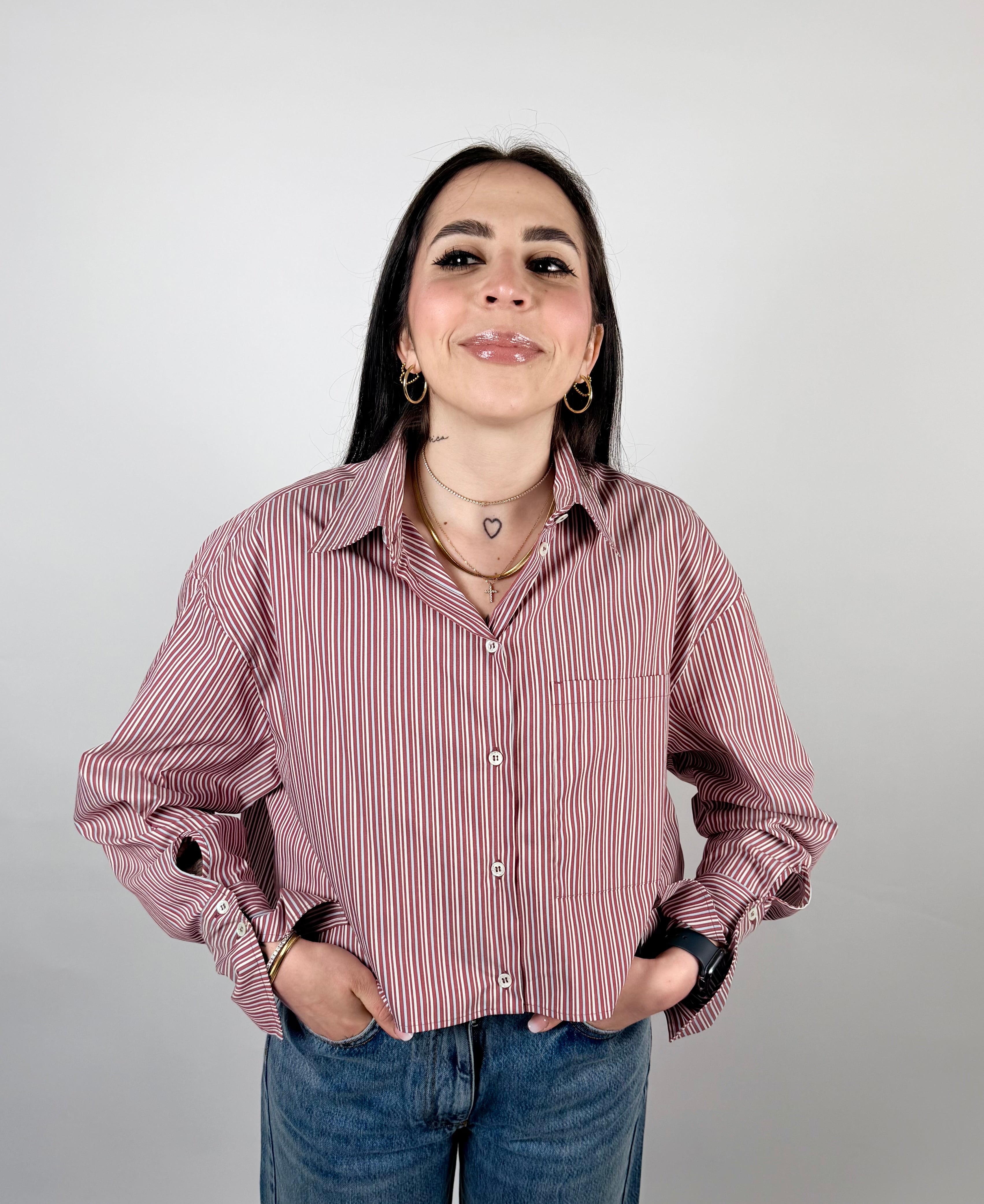 Camicia Corta Rigata Burgundy - Patrizia Pepe