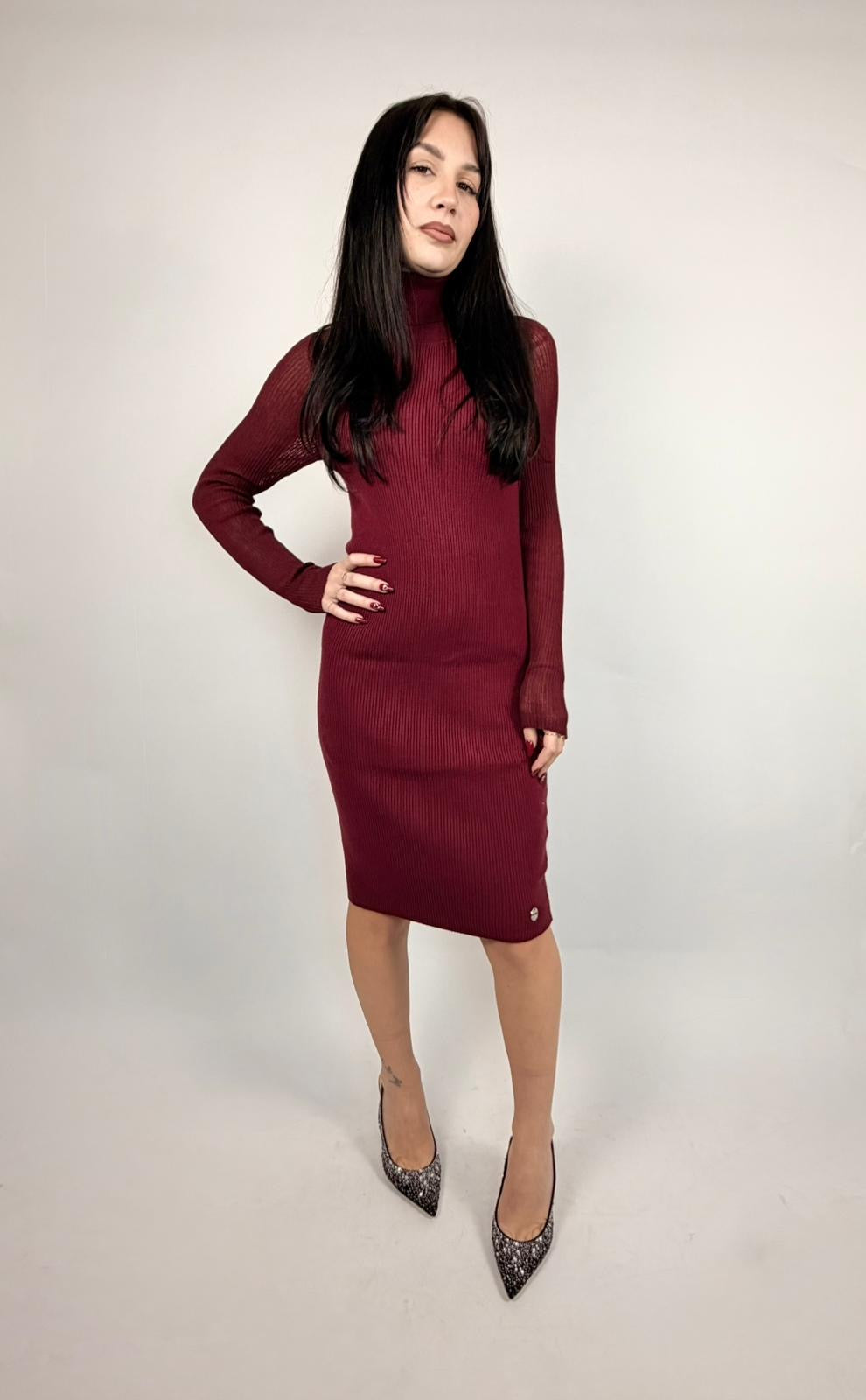 Abito Maniche Trasparenti, Burgundy - White Wise