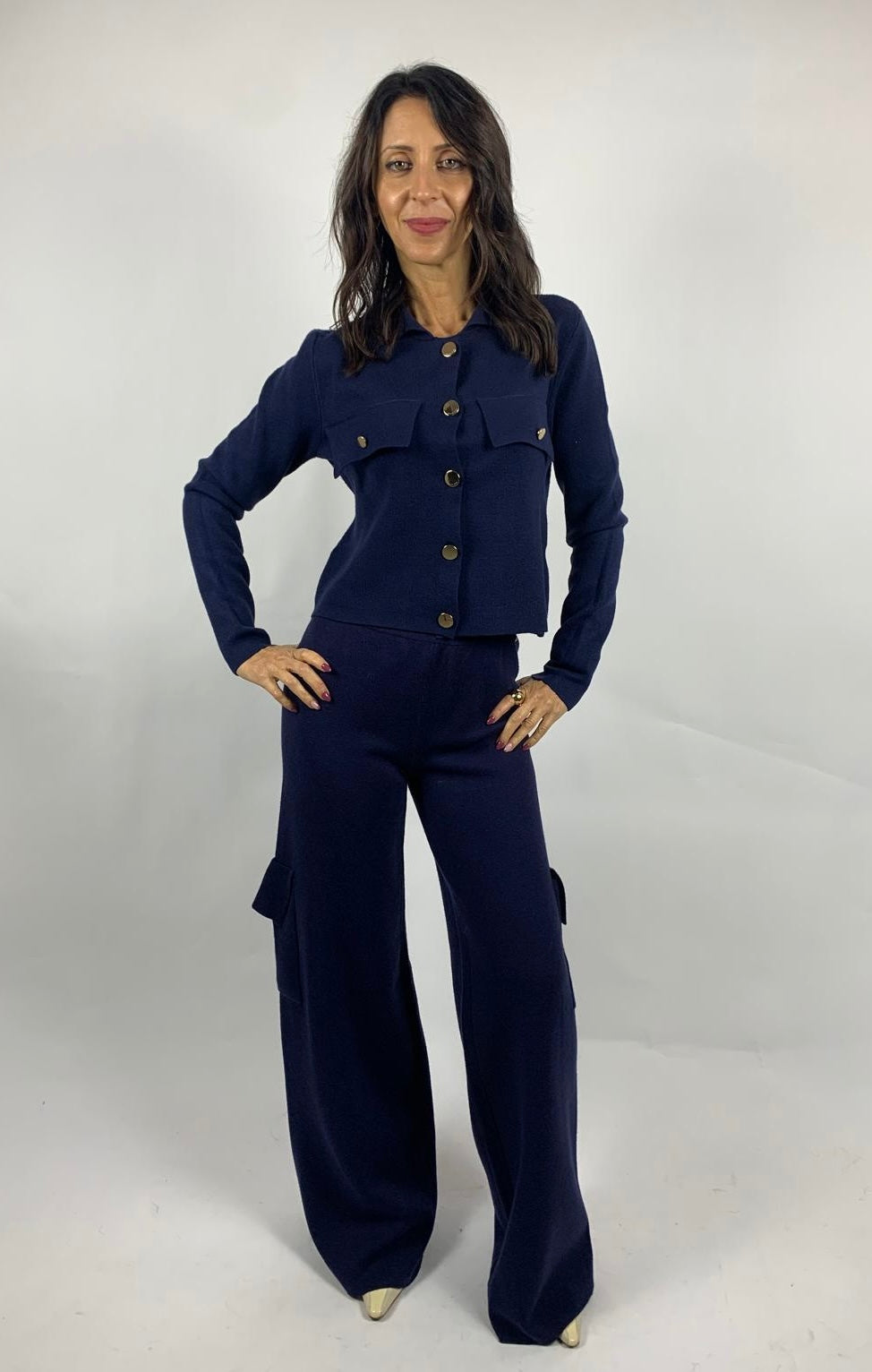 Giacca In Maglia Bottoni, Blu Navy - White Wise