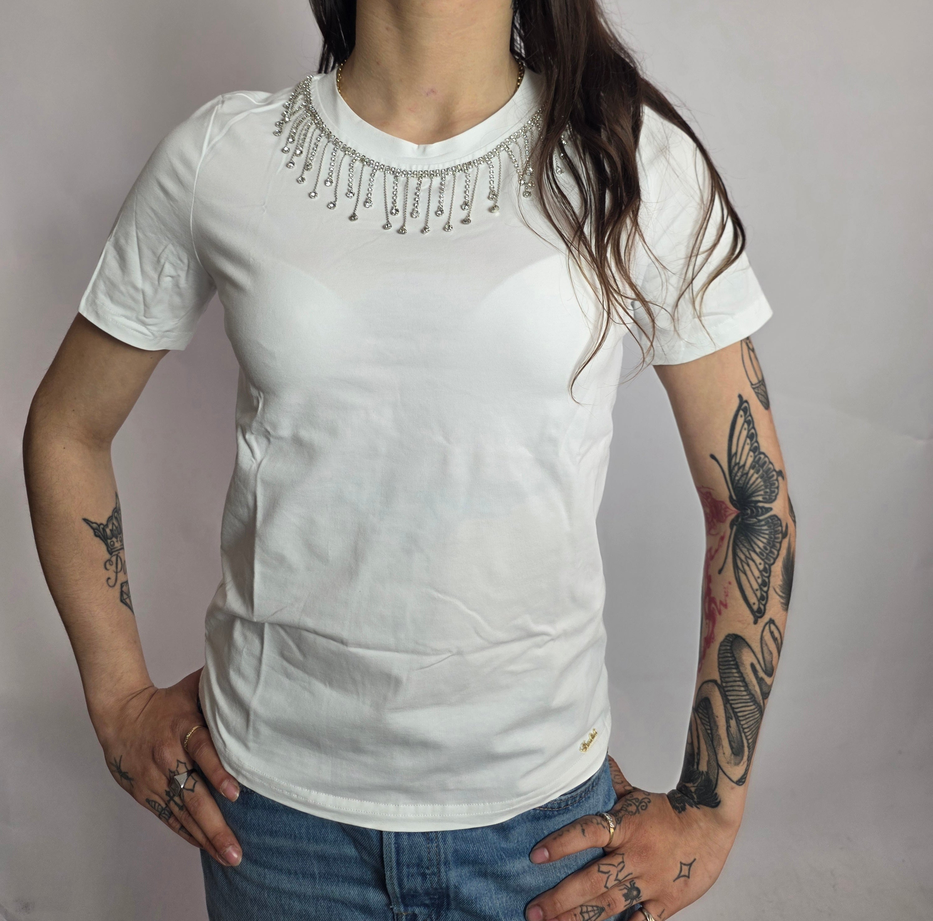 T-shirt Strass Collo, Bianco - Koralline