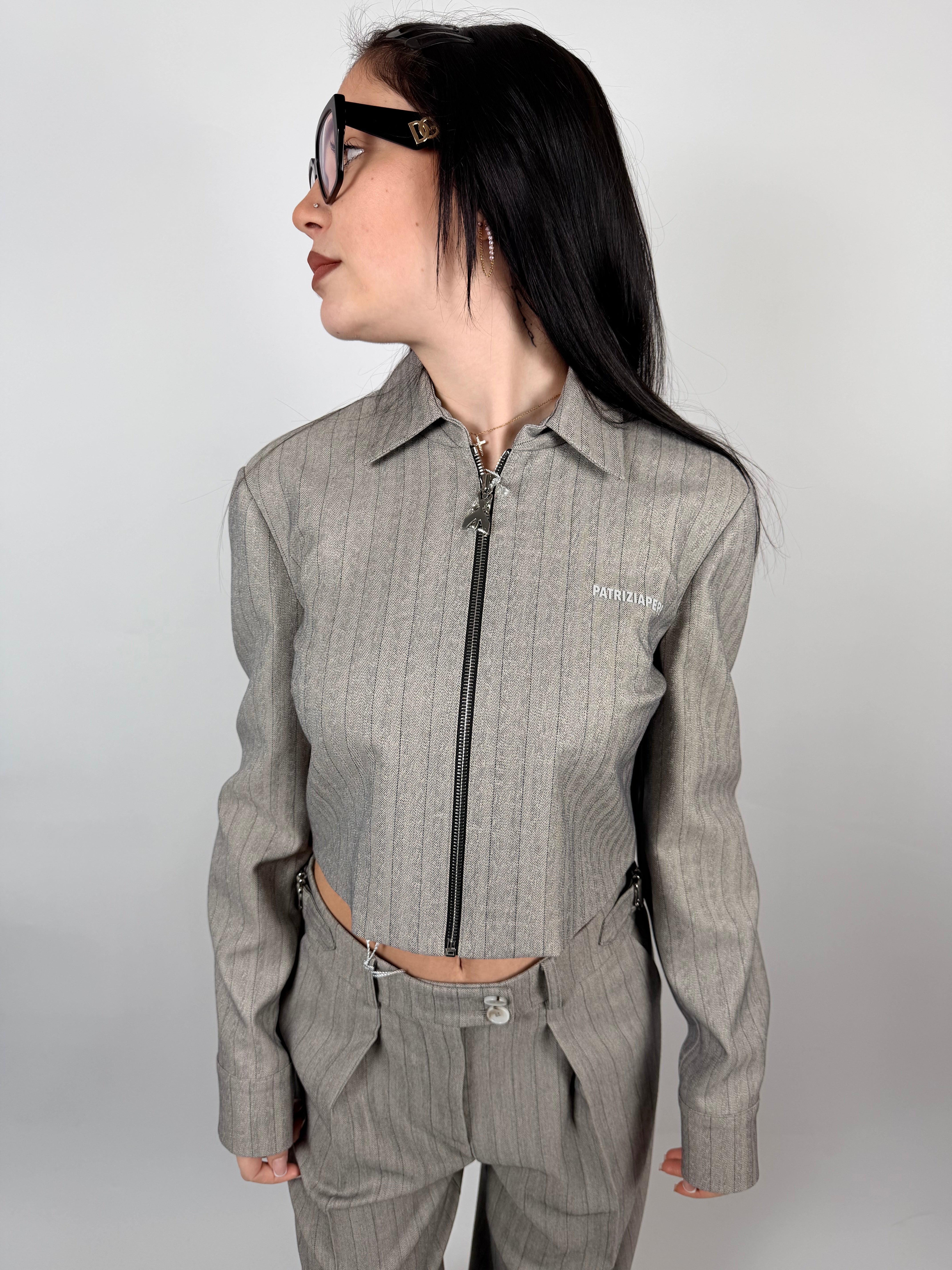 Giacca Crop Gessata, Grigio - Patrizia Pepe