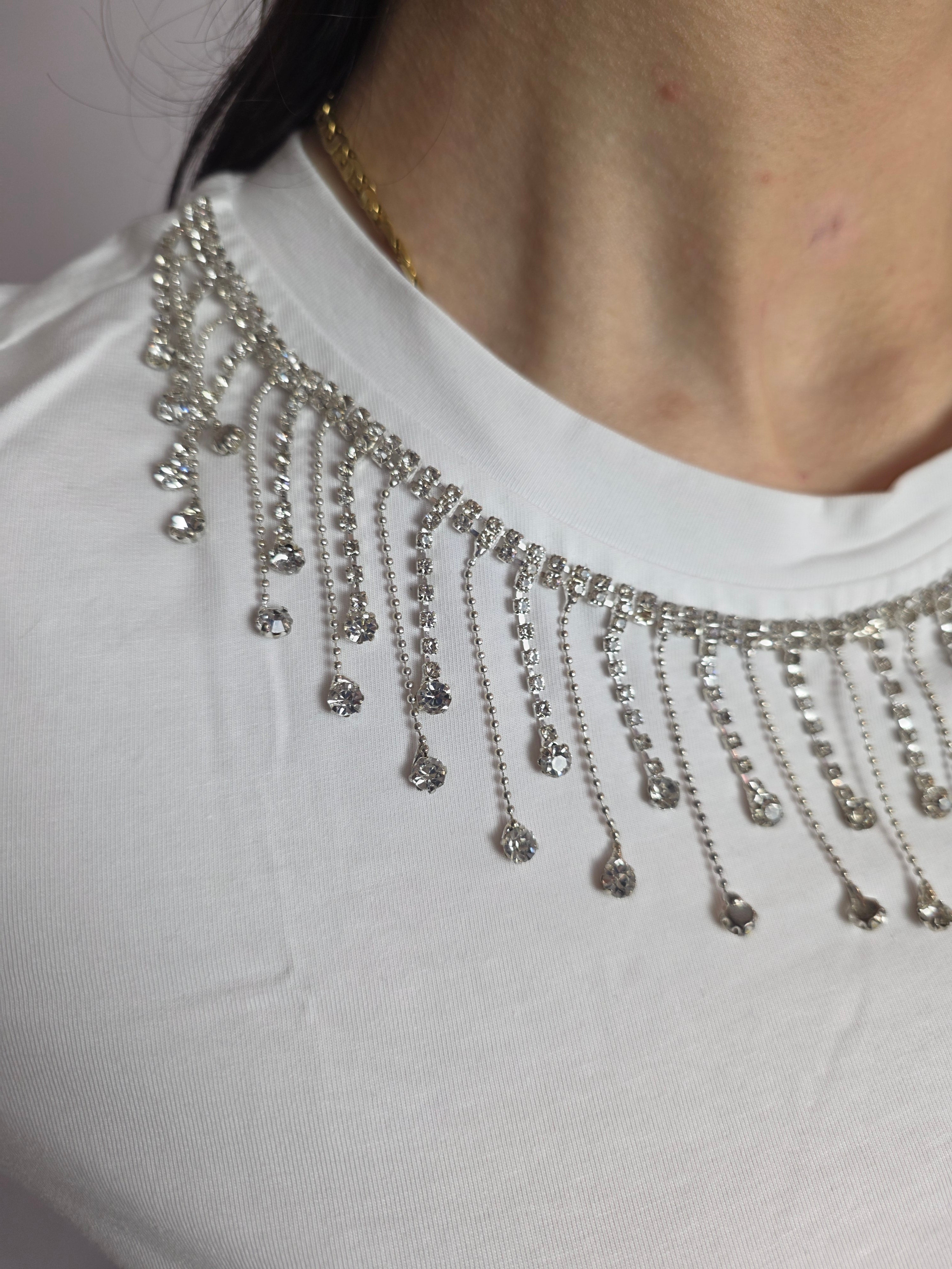 T-shirt Strass Collo, Bianco - Koralline