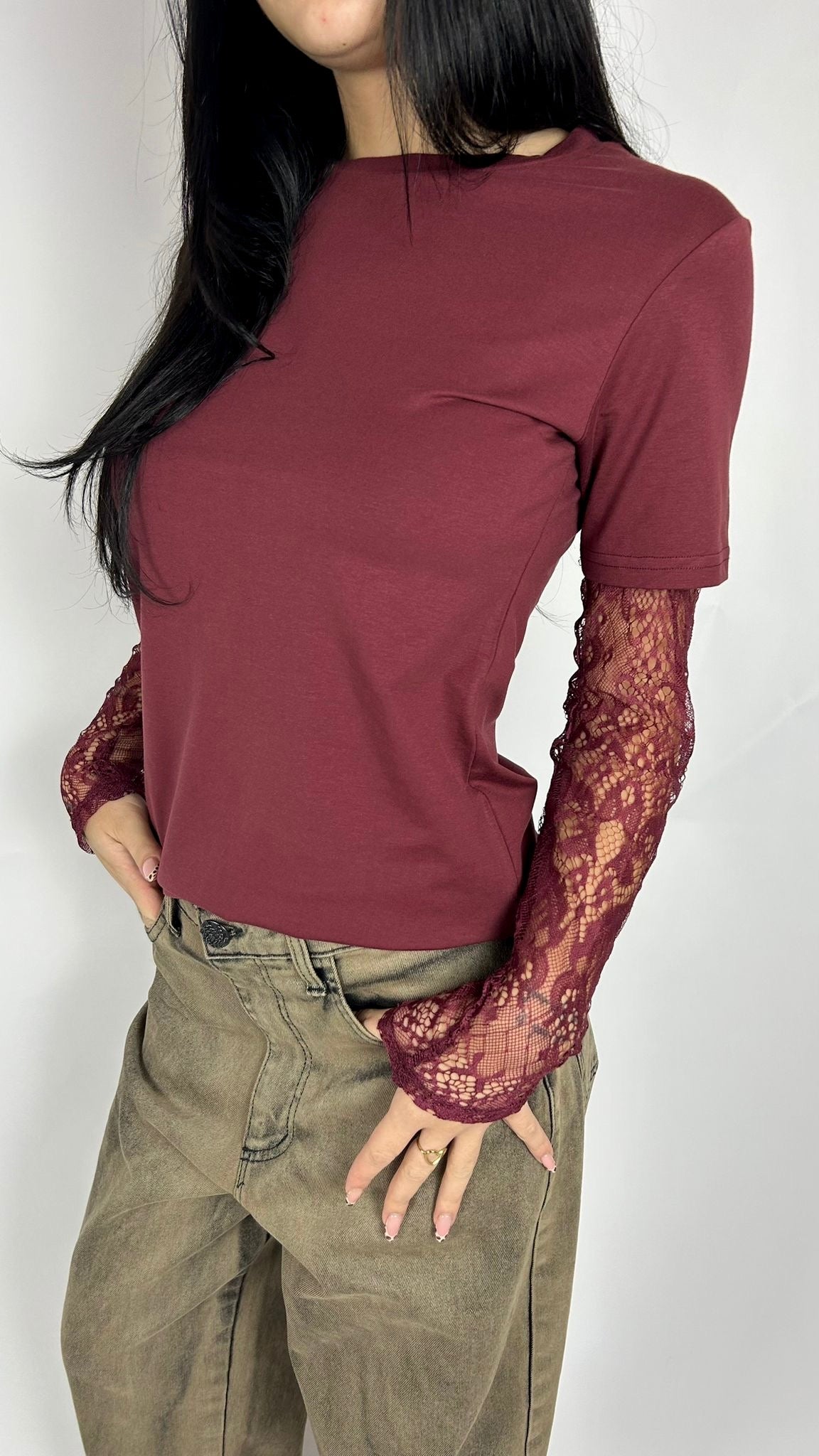 T-shirt Maniche Pizzo, Burgundy - White Wise