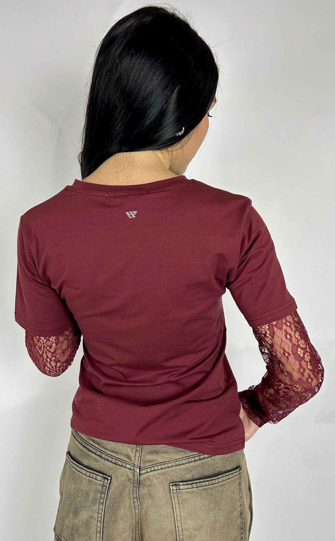 T-shirt Maniche Pizzo, Burgundy - White Wise