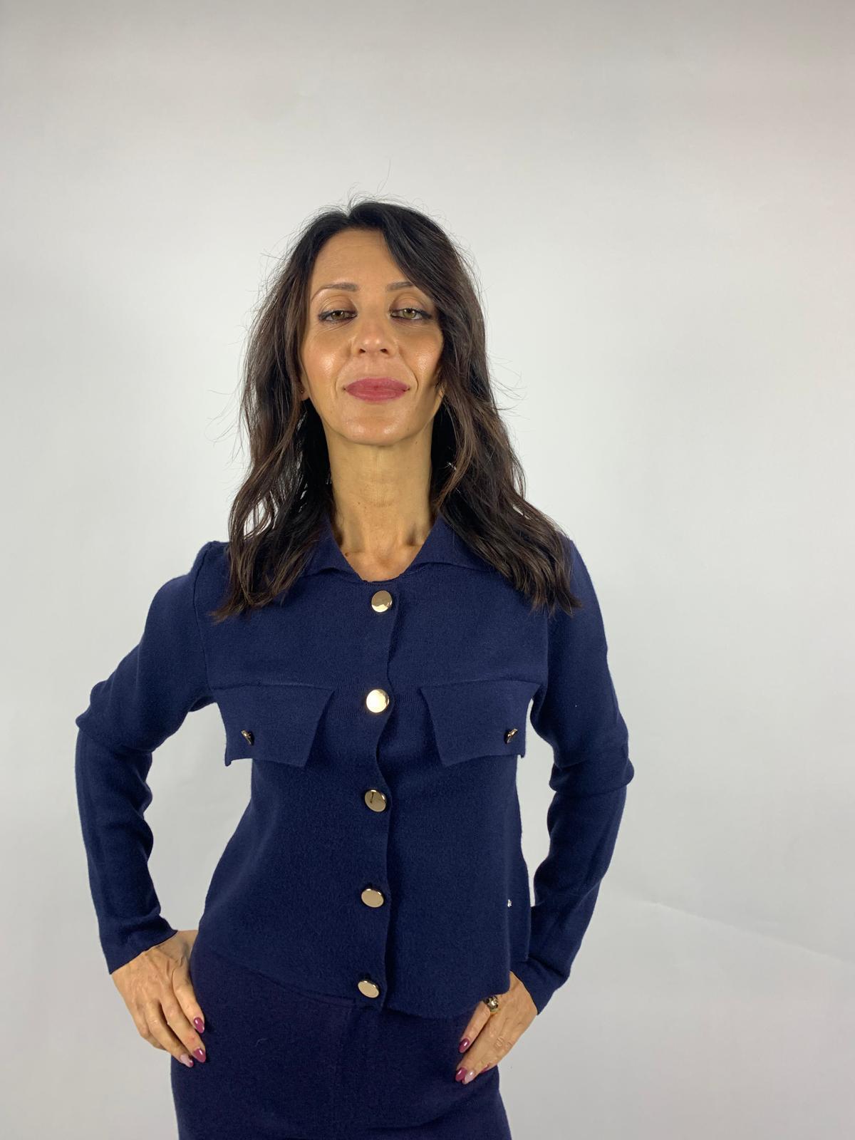 Giacca In Maglia Bottoni, Blu Navy - White Wise