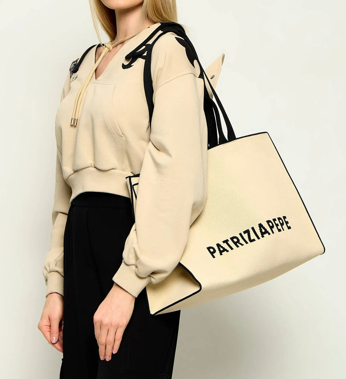 Borsa Shopper In Tessuto, Panna/Nero - Patrizia Pepe