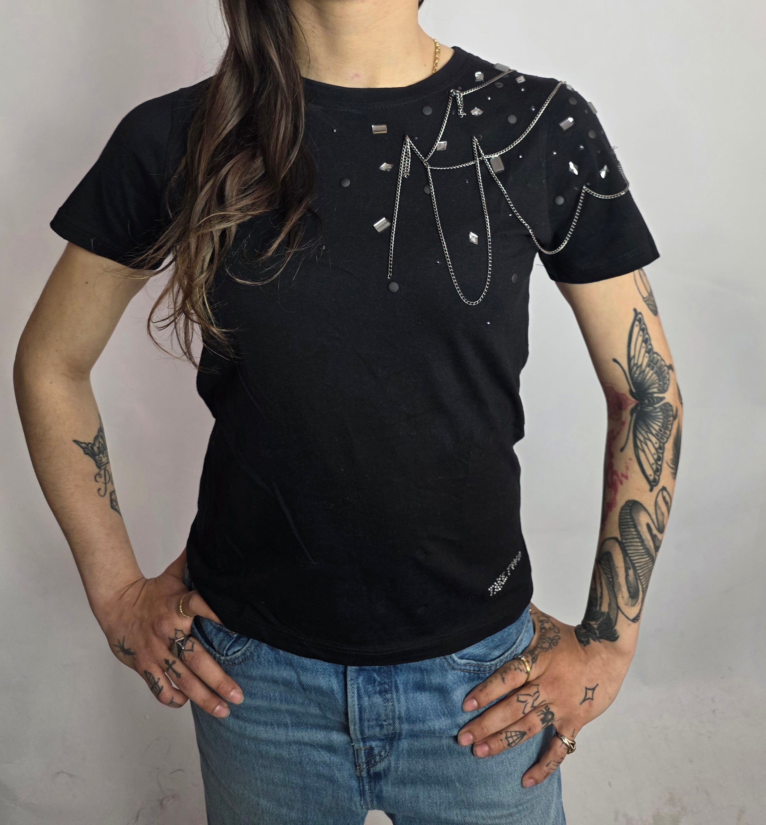 T-shirt Strass e Pendenti, Nero - Take Two