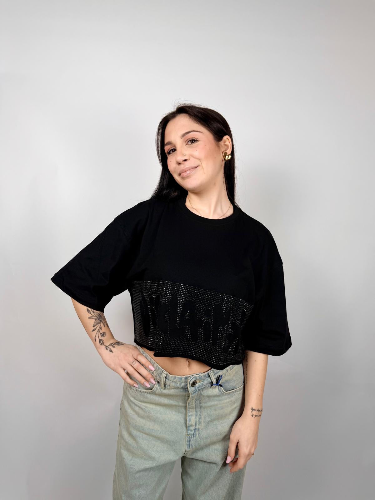 T-shirt Crop Strass, Nero - Disclaimer