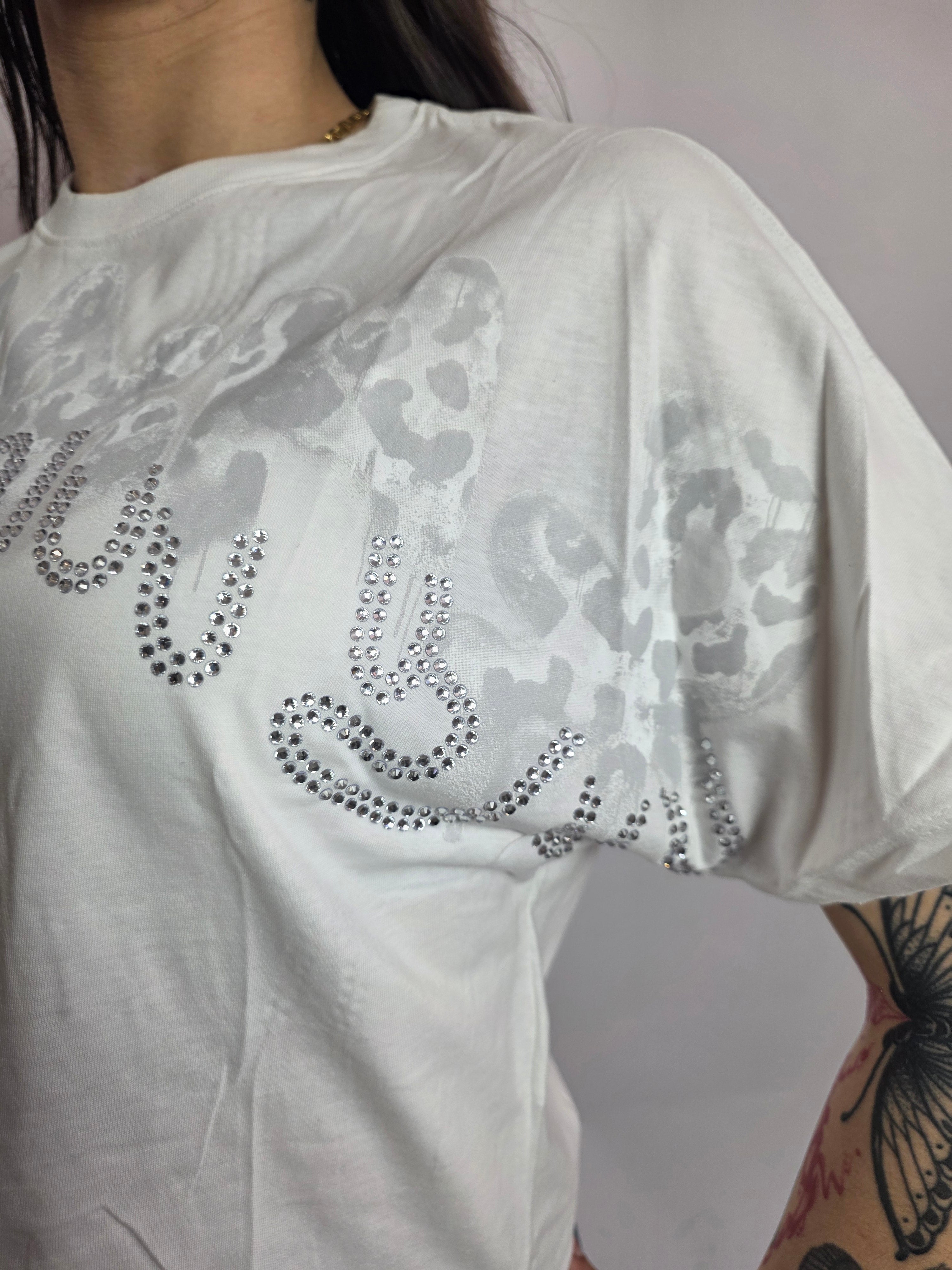 T-shirt Logo Strass Maculato, Bianco - Disclaimer