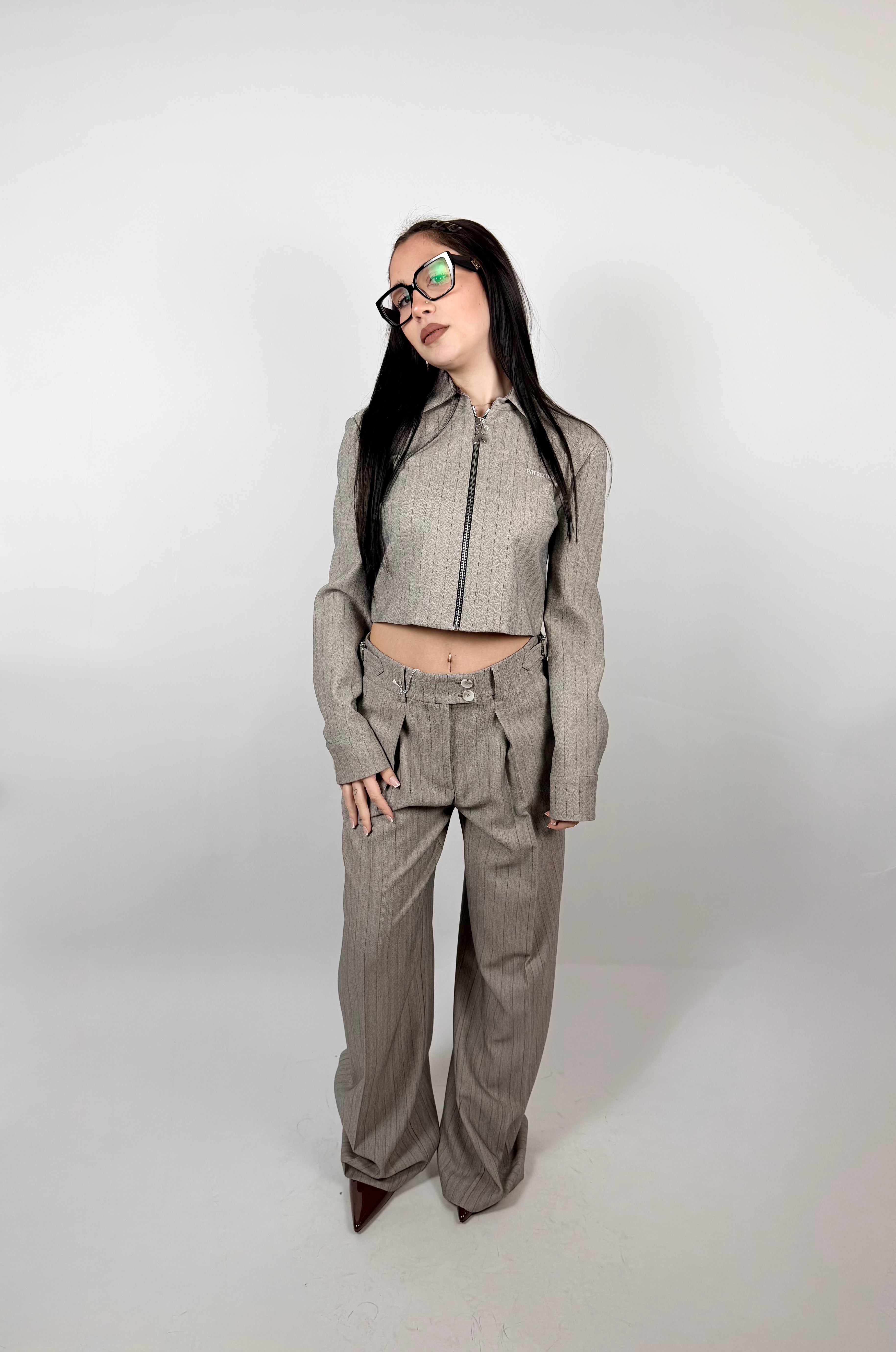 Giacca Crop Gessata, Grigio - Patrizia Pepe