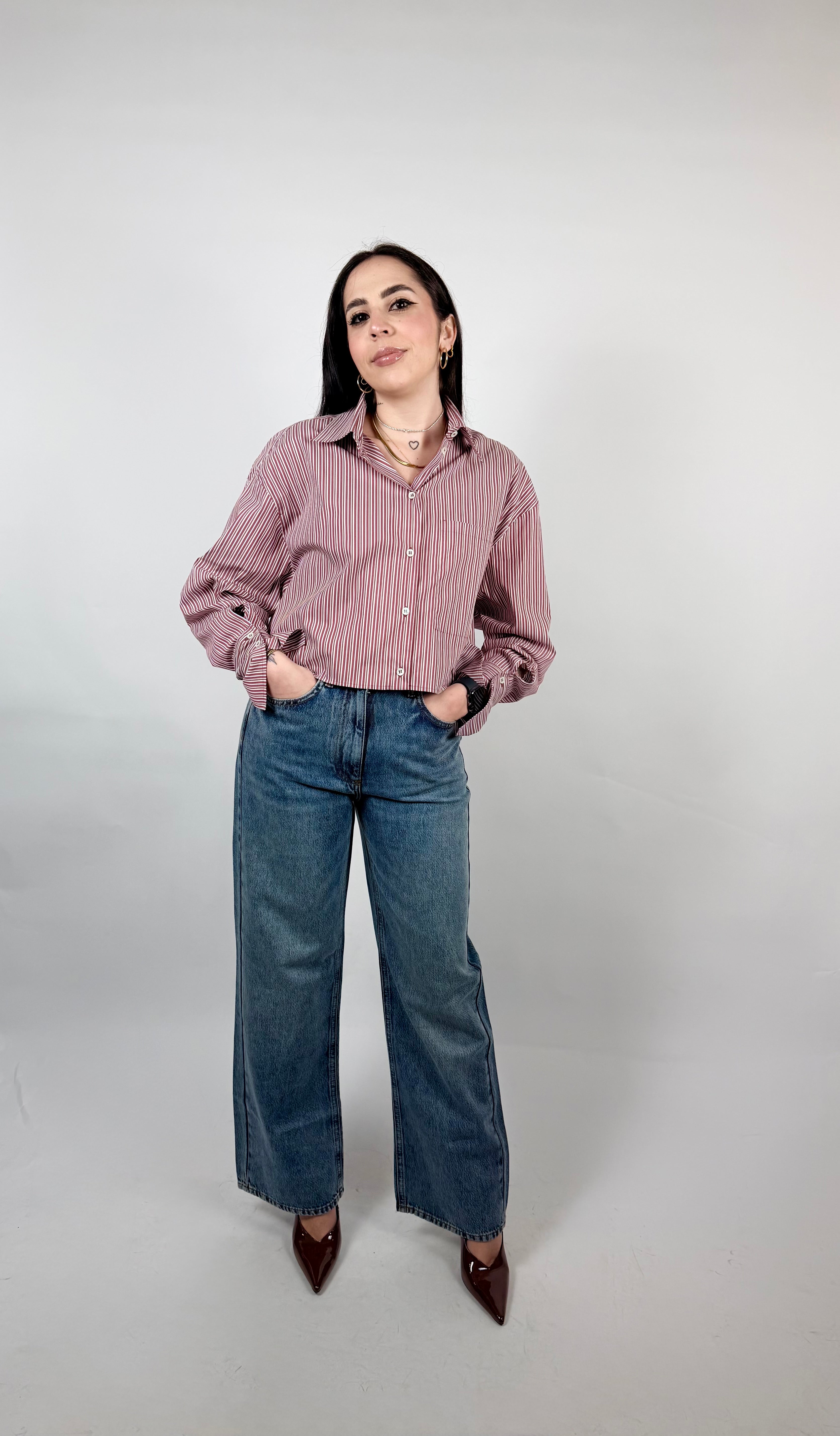 Camicia Corta Rigata Burgundy - Patrizia Pepe