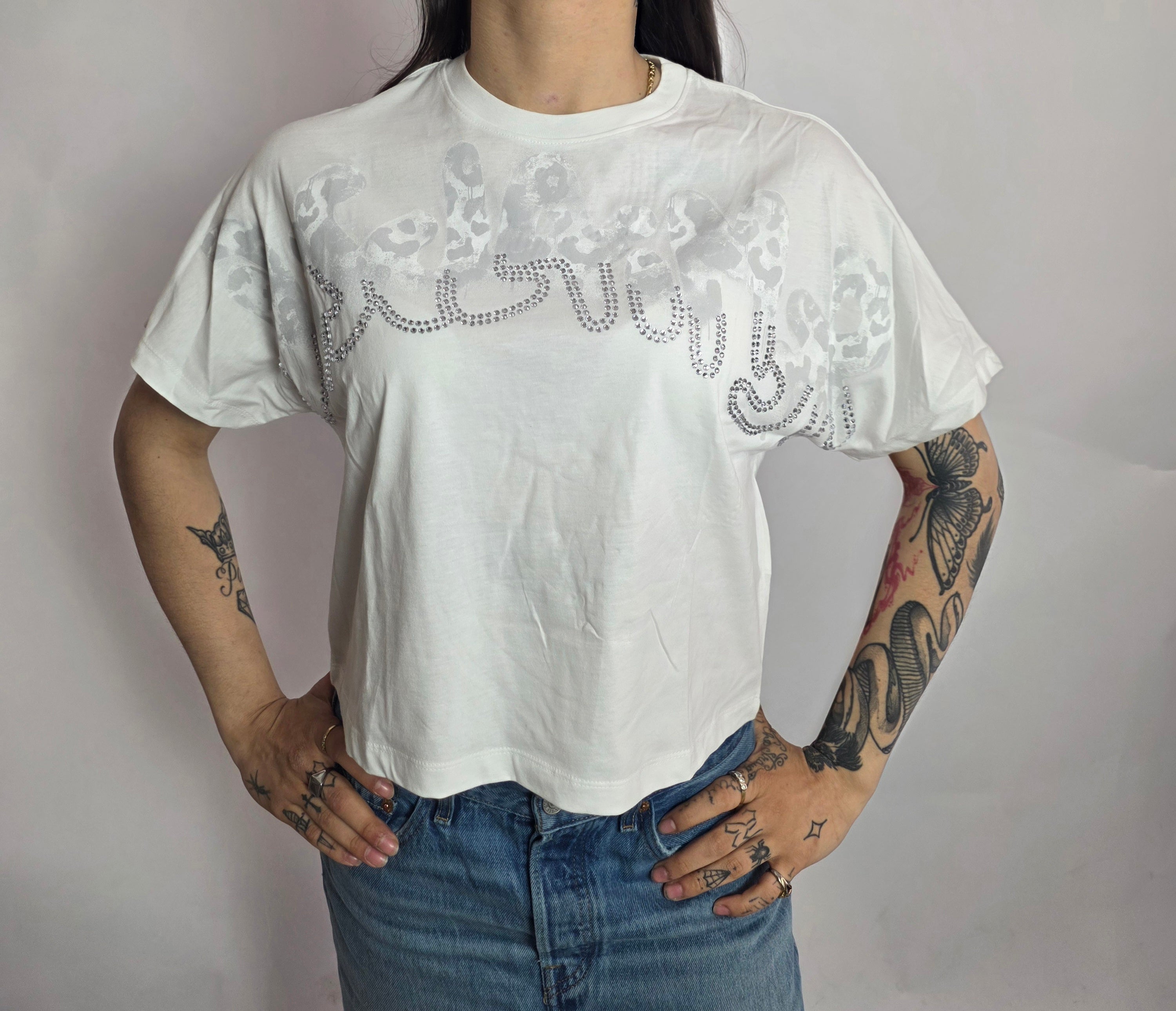 T-shirt Logo Strass Maculato, Bianco - Disclaimer