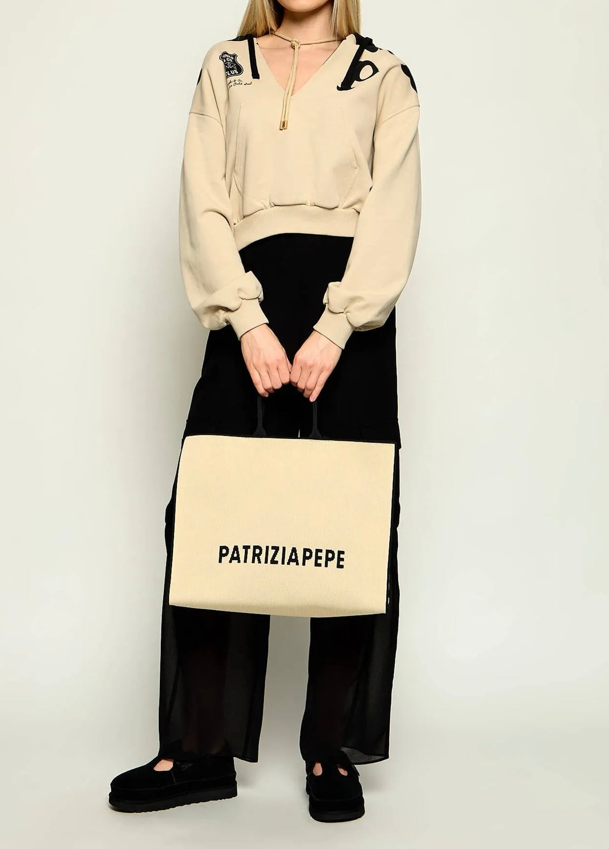 Borsa Shopper In Tessuto, Panna/Nero - Patrizia Pepe