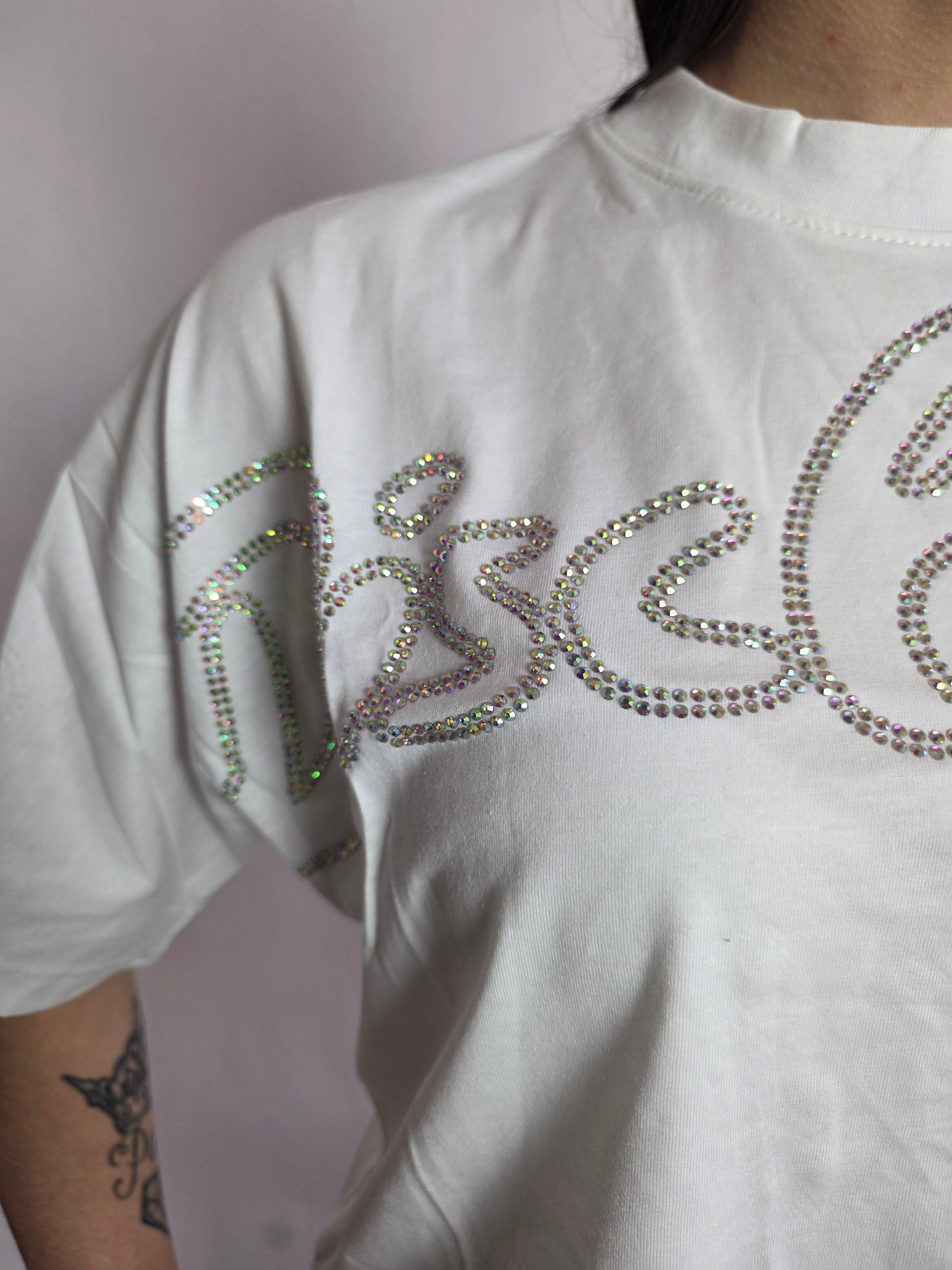 T-shirt Logo Strass, Bianco - Disclaimer