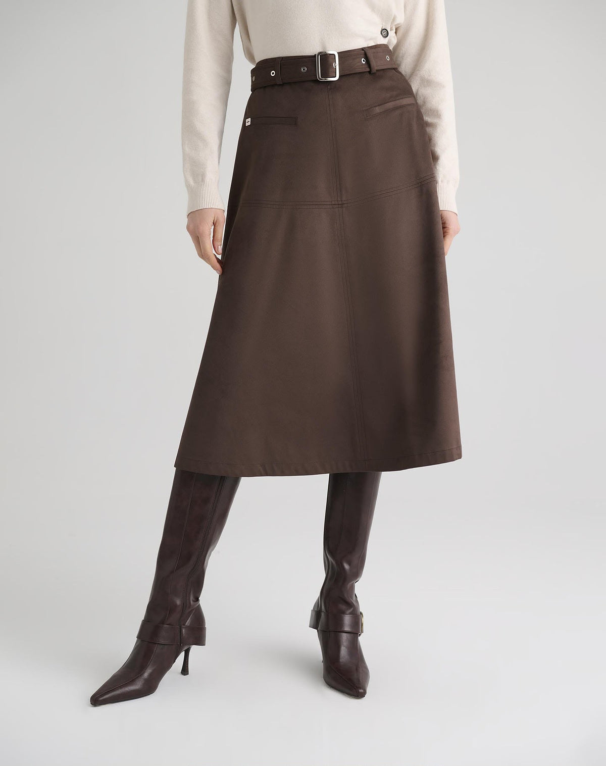 Gonna Midi Effetti Suede, Moro - Manila Grace